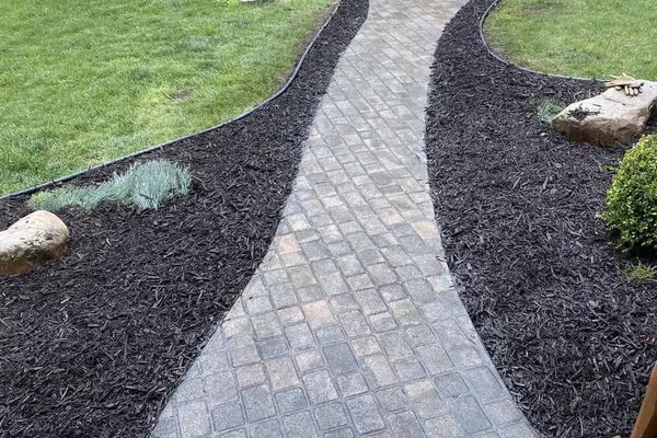 Patio connected to walkway and landscaped yard